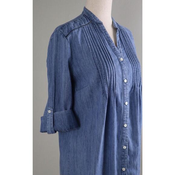 J. MCLAUGHLIN $148 Chambray Pleated Linen Blend Tab Sleeve Shirt Top Size XS - Picture 3 of 6